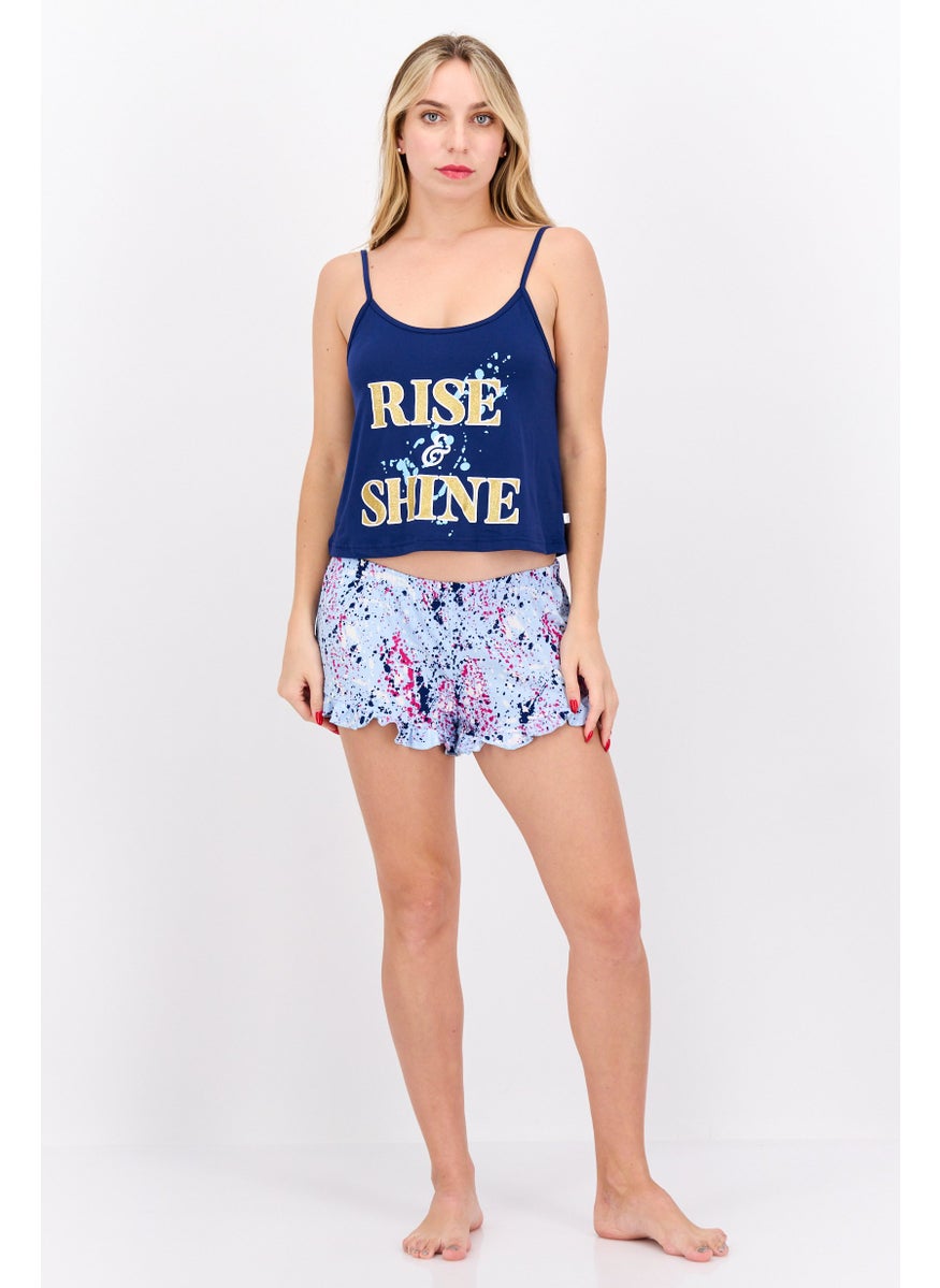 French Affair Women 2 Piece Allover Print Top And Bottom Set, Navy  - Image 1