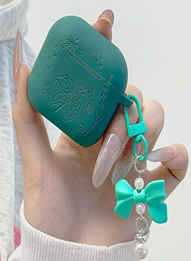 DamonLight for Airpods 4 Case Cover with Bow Keychain, DamonLight Cute Flower Floral Engraved Silicone Protective Case Cover Compatible with Apple Airpods 4 Case 2024 for Women and Girls, Green - Image 1