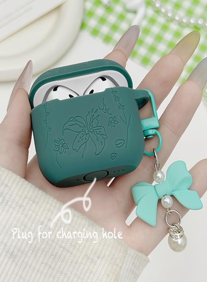 DamonLight for Airpods 4 Case Cover with Bow Keychain, DamonLight Cute Flower Floral Engraved Silicone Protective Case Cover Compatible with Apple Airpods 4 Case 2024 for Women and Girls, Green - Image 2