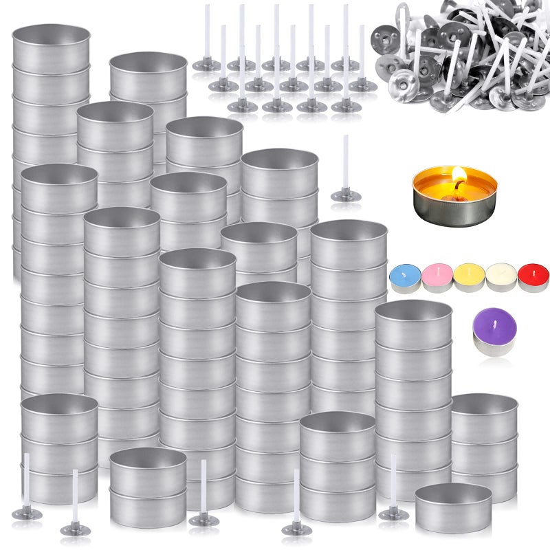 WFPLUS 100 Pcs Aluminum Tea Lights Cups, Empty Case Candle Wax Containers, Metal Tea Light Tins with 100 Pcs Candle Wicks Packaged in Carton Box, Candle Mold for DIY Candles Making Supplies - Image 1