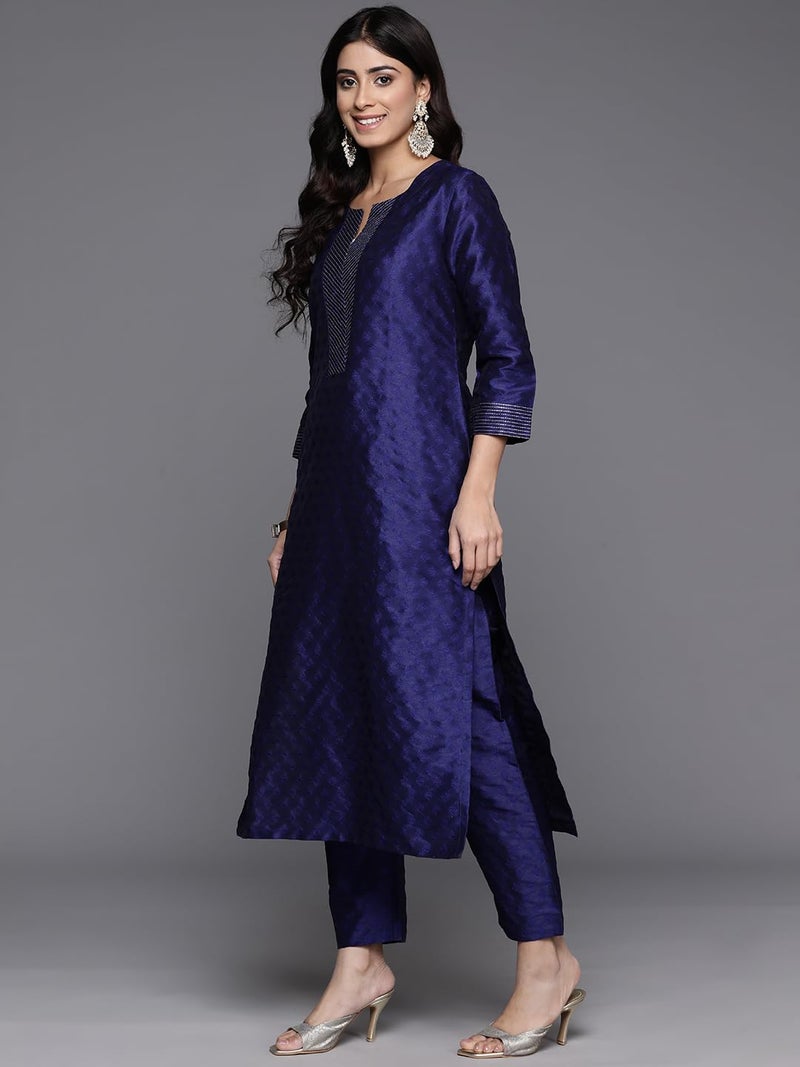 Varanga Women woven straight fit navy blue kurta with dobby texture and zari couching, styled with matching trousers and a floral printed dupatta. - Image 3