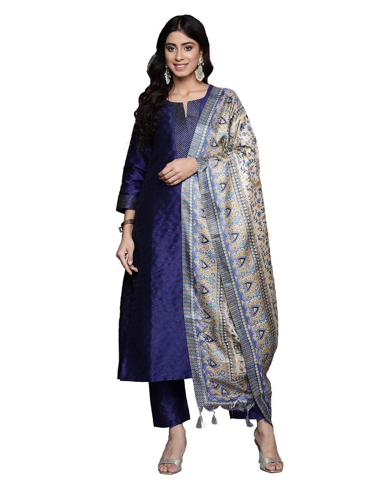 Varanga Women woven straight fit navy blue kurta with dobby texture and zari couching, styled with matching trousers and a floral printed dupatta. - Image 1