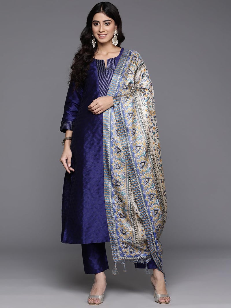 Varanga Women woven straight fit navy blue kurta with dobby texture and zari couching, styled with matching trousers and a floral printed dupatta. - Image 2