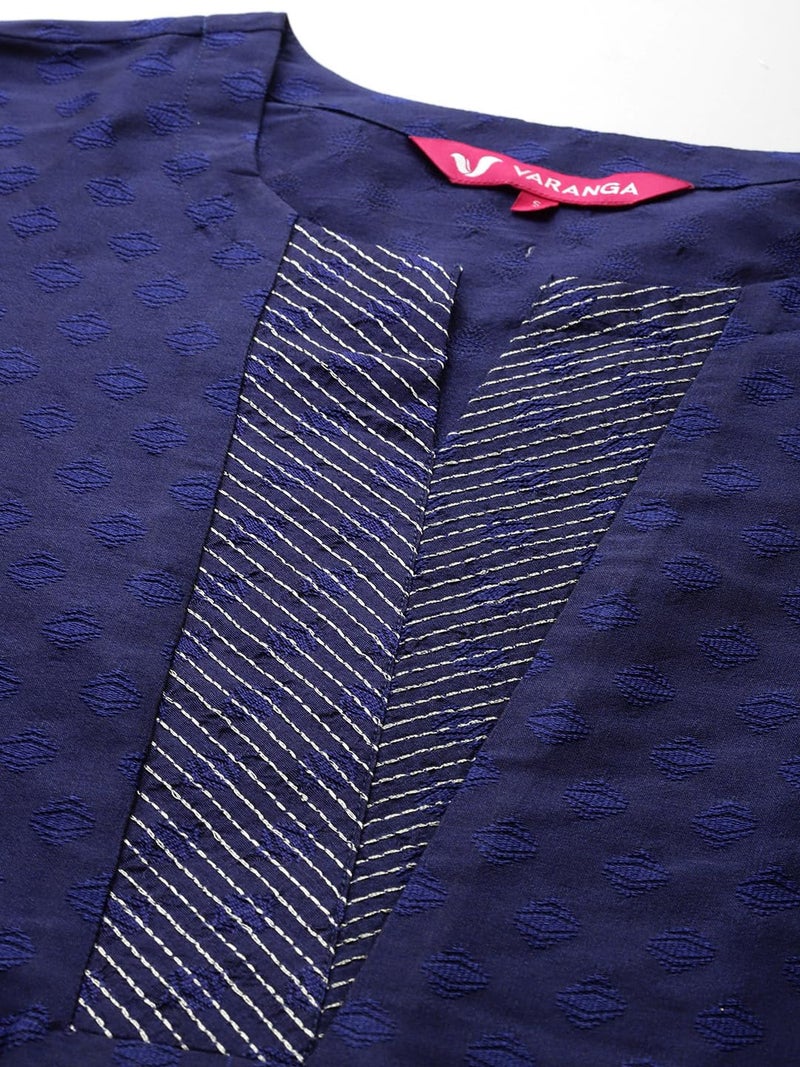 Varanga Women woven straight fit navy blue kurta with dobby texture and zari couching, styled with matching trousers and a floral printed dupatta. - Image 5