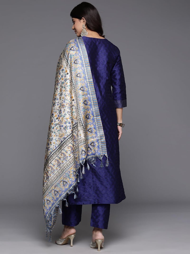 Varanga Women woven straight fit navy blue kurta with dobby texture and zari couching, styled with matching trousers and a floral printed dupatta. - Image 4
