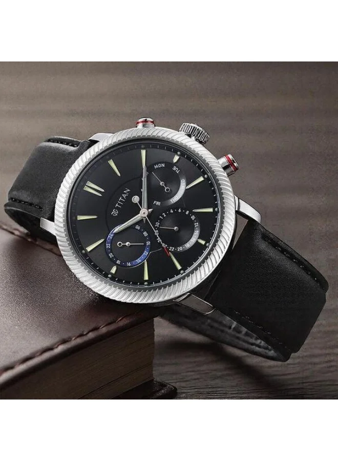 تيتان Stellar Quartz Multifunction Black Dial Black Leather Strap Watch for Men - 10012SL01