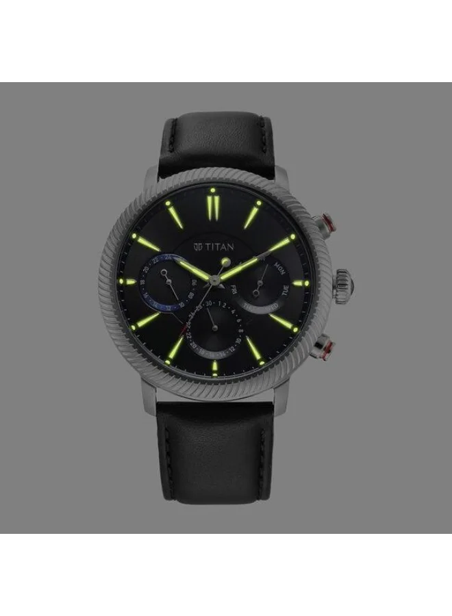 تيتان Stellar Quartz Multifunction Black Dial Black Leather Strap Watch for Men - 10012SL01