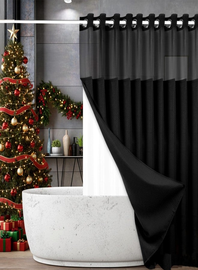 ROHSCE Hookless Shower Curtain Set with Snap-in Liner, 250GSM Waffle Weave Fabric, Hotel Grade, Mesh Window, Weighted Hem, 72x74 Inch - Black, 2025 for Boys & Girls 6-12 Years Old - Image 2