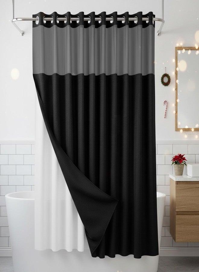 ROHSCE Hookless Shower Curtain Set with Snap-in Liner, 250GSM Waffle Weave Fabric, Hotel Grade, Mesh Window, Weighted Hem, 72x74 Inch - Black, 2025 for Boys & Girls 6-12 Years Old - Image 1
