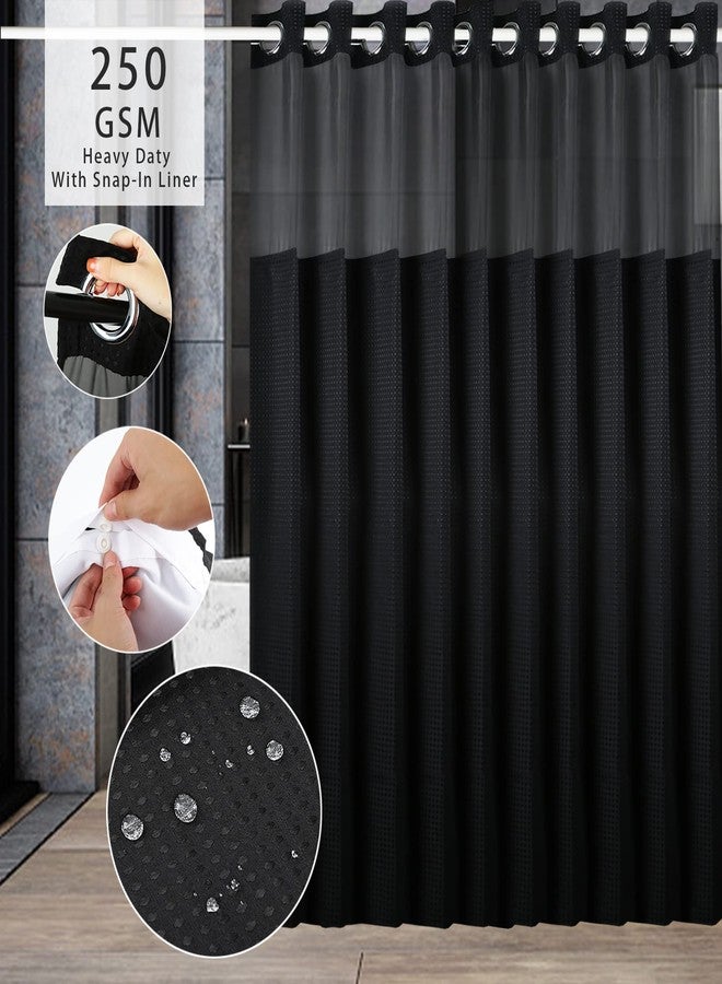 ROHSCE Hookless Shower Curtain Set with Snap-in Liner, 250GSM Waffle Weave Fabric, Hotel Grade, Mesh Window, Weighted Hem, 72x74 Inch - Black, 2025 for Boys & Girls 6-12 Years Old - Image 3