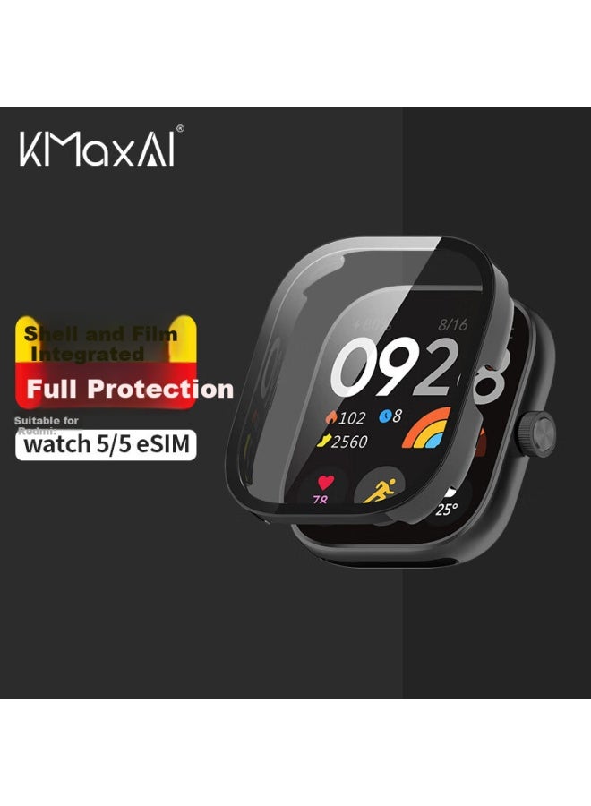 Kmaxai Protective Film + Case For Xiaomi Redmi Watch 5, All-in Full Coverage, Xiaomi Redmi Watch Dial Protector & Screen Film, Anti-scratch Hard Case, Anti-fingerprint Tempered Glass Film, Black - Image 1
