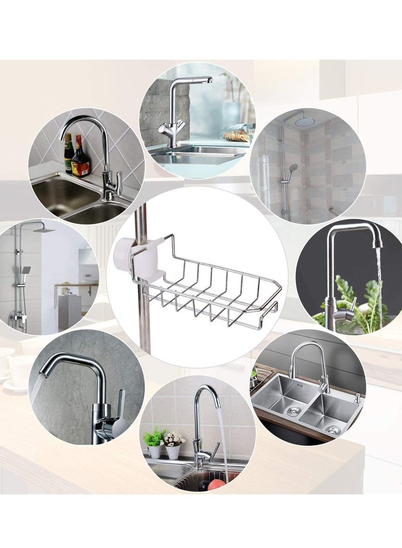 Multi Purpose Used Sink Caddy Organizer Kitchen Faucet Sponge Holder Drainer for Dishwashing Stainless Steel Hanging Shelf Soap Sponge Storage Rack Silver - Image 1