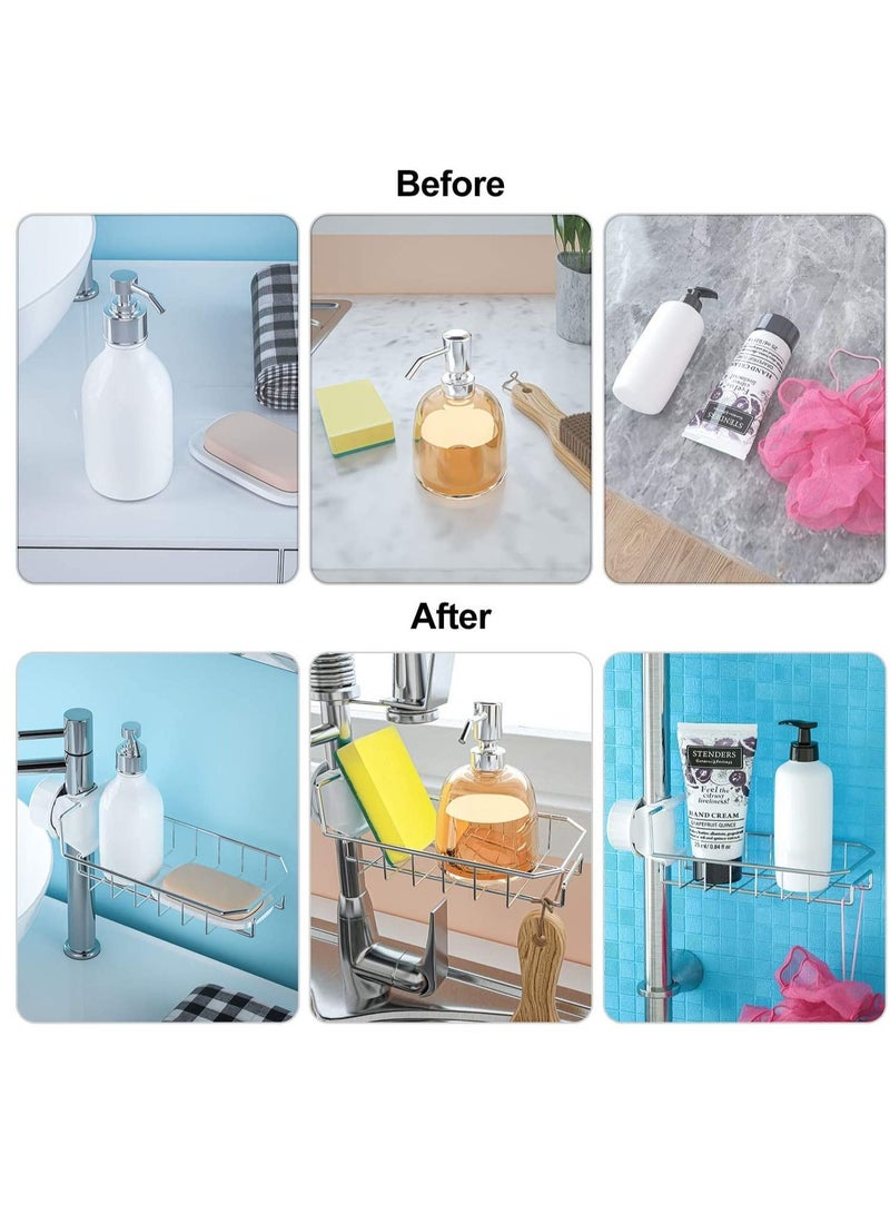 Multi Purpose Used Sink Caddy Organizer Kitchen Faucet Sponge Holder Drainer for Dishwashing Stainless Steel Hanging Shelf Soap Sponge Storage Rack Silver - Image 5