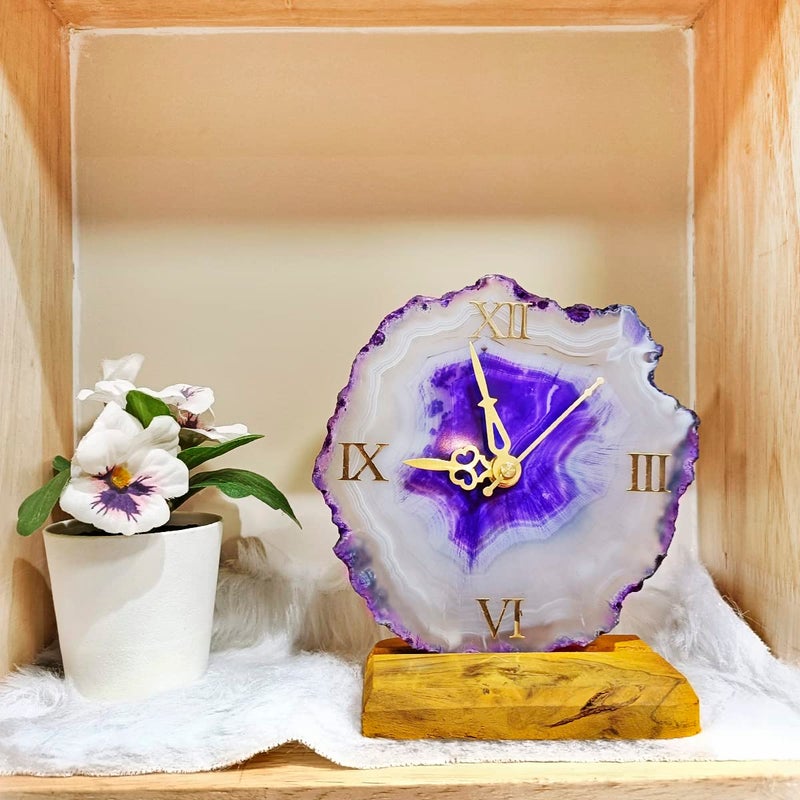 Shubhanjali Shubhanjali Crystal Agate Clock for Home Decor Items Purple Decorative Agate Stone Slice Table Clock for Study Table Office Desk Bedroom Unique Gifts for Women  - Image 1