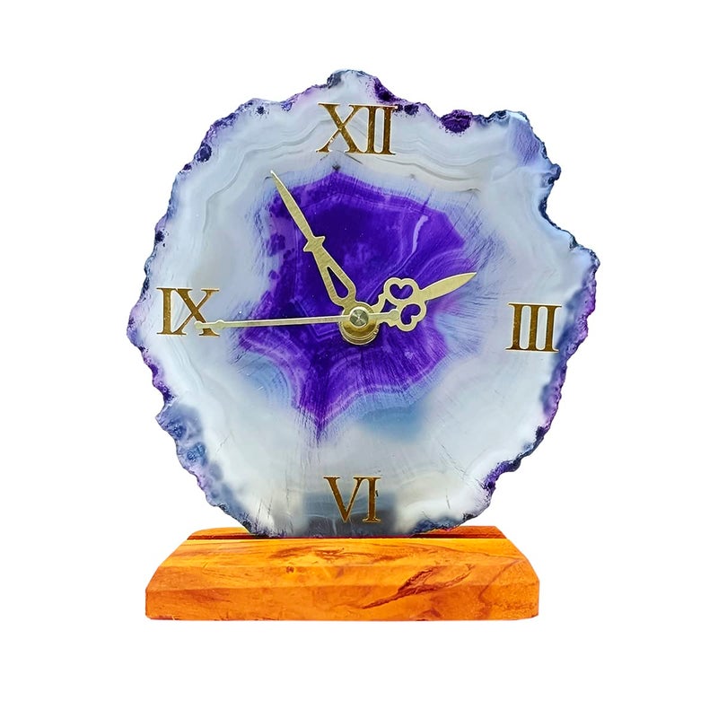 Shubhanjali Shubhanjali Crystal Agate Clock for Home Decor Items Purple Decorative Agate Stone Slice Table Clock for Study Table Office Desk Bedroom Unique Gifts for Women  - Image 4