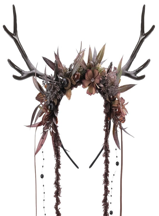 MOSTORY Dark Flower Reindeer Headband - Gothic Floral Antlers Headpiece for Renaissance Accessories Women Dark Fairy Costume, Deer Horns Headband with Vine for Goth Cosplay Renfaire Witch Aesthetic - Image 1