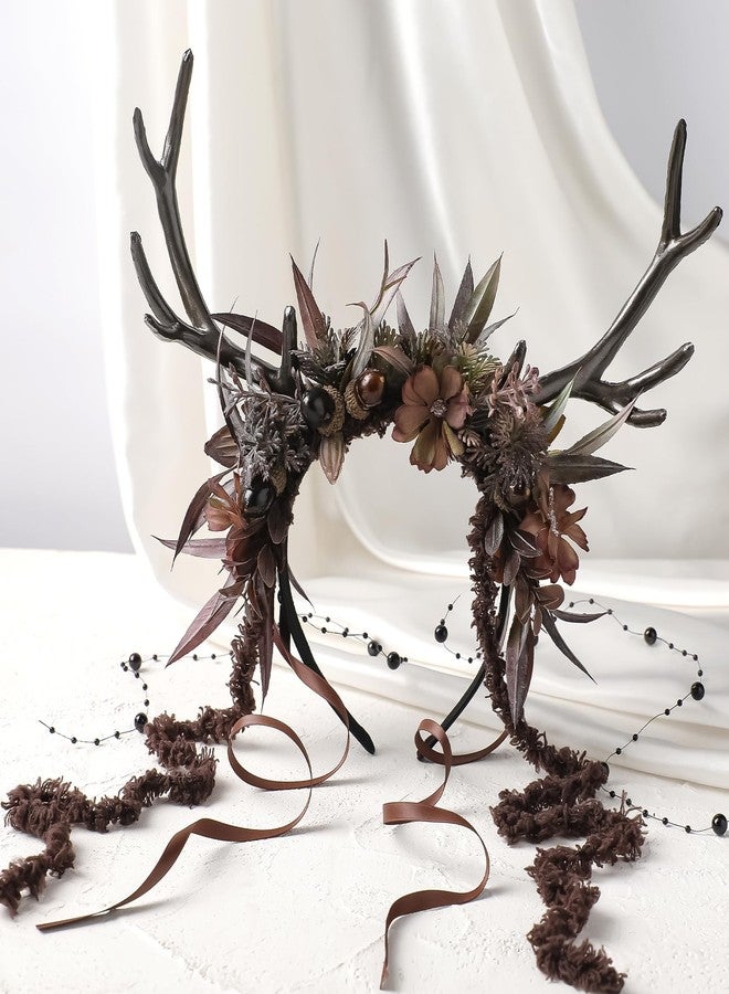 MOSTORY Dark Flower Reindeer Headband - Gothic Floral Antlers Headpiece for Renaissance Accessories Women Dark Fairy Costume, Deer Horns Headband with Vine for Goth Cosplay Renfaire Witch Aesthetic - Image 5