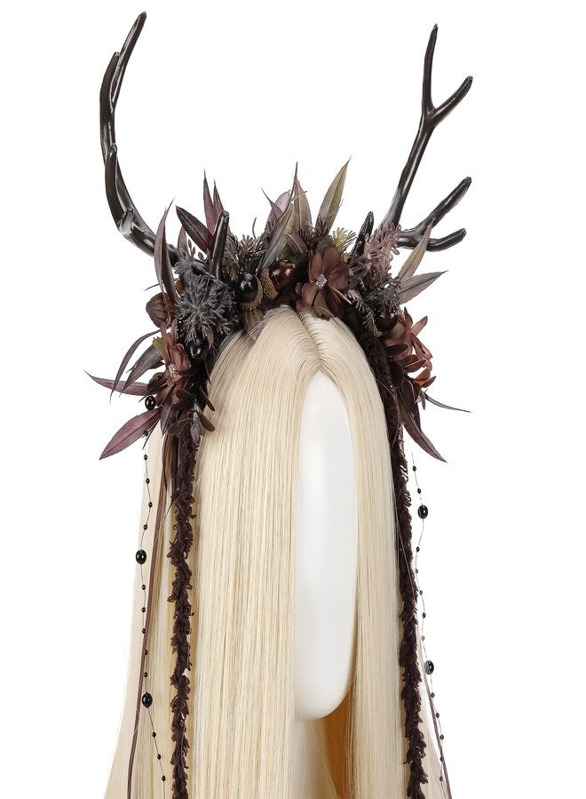 MOSTORY Dark Flower Reindeer Headband - Gothic Floral Antlers Headpiece for Renaissance Accessories Women Dark Fairy Costume, Deer Horns Headband with Vine for Goth Cosplay Renfaire Witch Aesthetic - Image 2