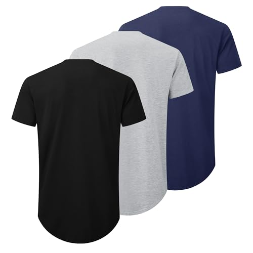 TEZO Mens 3 Pack Plain Cotton Shirts Short Sleeve Casual Crew Neck T-Shirts Hipster Hip Hop Longline Tees Shirts Drop Cut Curved Hem Shirt (BKLGNY M) - Image 3