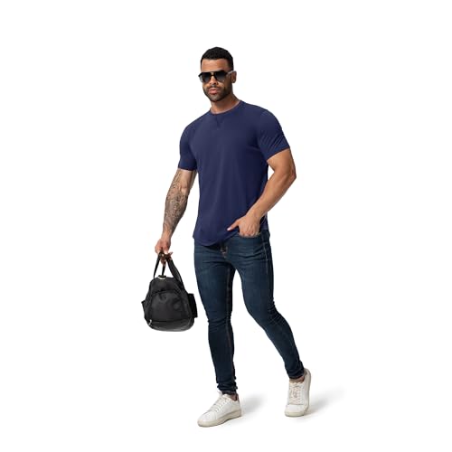 TEZO Mens 3 Pack Plain Cotton Shirts Short Sleeve Casual Crew Neck T-Shirts Hipster Hip Hop Longline Tees Shirts Drop Cut Curved Hem Shirt (BKLGNY M) - Image 4