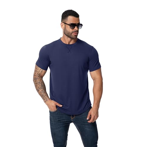TEZO Mens 3 Pack Plain Cotton Shirts Short Sleeve Casual Crew Neck T-Shirts Hipster Hip Hop Longline Tees Shirts Drop Cut Curved Hem Shirt (BKLGNY M) - Image 2