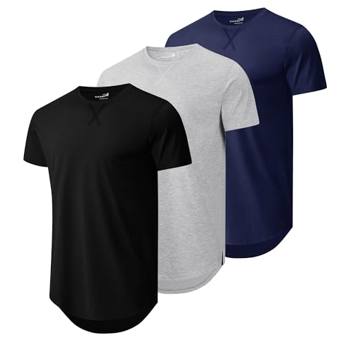 TEZO Mens 3 Pack Plain Cotton Shirts Short Sleeve Casual Crew Neck T-Shirts Hipster Hip Hop Longline Tees Shirts Drop Cut Curved Hem Shirt (BKLGNY M) - Image 1