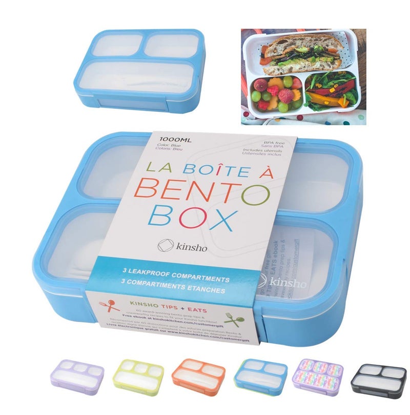 kinsho Bento Lunch Box Kids & Adult: Leakproof Lunch Containers for Boys & Girls with 3 Compartments - School, Daycare, Meal Planning Portion Control Container, BPA-Free Boxes, Utensils, Blue 1 Pack - Image 1