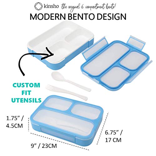 kinsho Bento Lunch Box Kids & Adult: Leakproof Lunch Containers for Boys & Girls with 3 Compartments - School, Daycare, Meal Planning Portion Control Container, BPA-Free Boxes, Utensils, Blue 1 Pack - Image 2