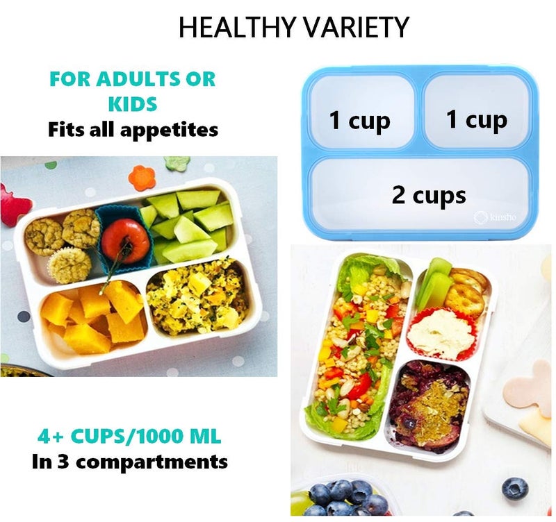kinsho Bento Lunch Box Kids & Adult: Leakproof Lunch Containers for Boys & Girls with 3 Compartments - School, Daycare, Meal Planning Portion Control Container, BPA-Free Boxes, Utensils, Blue 1 Pack - Image 4