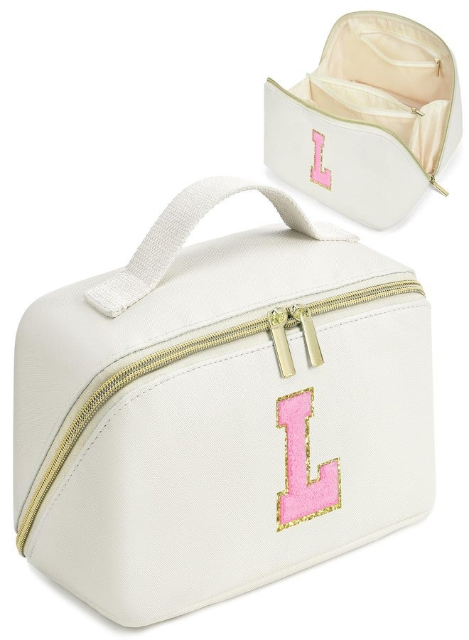 DTBG Mothers Day Gifts - Initial Makeup Bag for Teen Girl Gifts Trendy Stuff - Travel Cosmetic Bags for Women - PU Leather Toiletry Bag Make Up Pouch - Personalized Skincare Bag Birthday Gifts - White L - Image 1