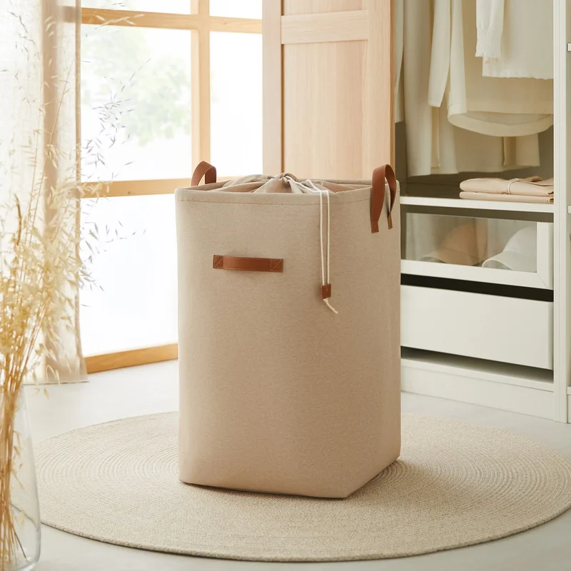 Ocean Home Textile Beige Fabric Drawstring Folding Dirty Laundry In-Cabinet Children's Toy Organizer Storage Basket 36x36x57 cm