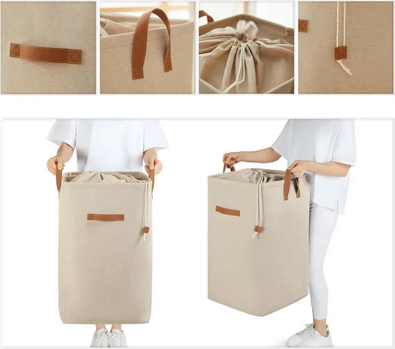 Ocean Home Textile Beige Fabric Drawstring Folding Dirty Laundry In-Cabinet Children's Toy Organizer Storage Basket 36x36x57 cm