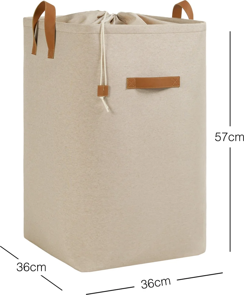 Ocean Home Textile Beige Fabric Drawstring Folding Dirty Laundry In-Cabinet Children's Toy Organizer Storage Basket 36x36x57 cm
