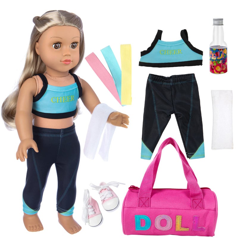 Ecore Fun 8 Piece 18 Inch Girl Doll Clothes and Accessories Set Include Yoga Sport Clothes Shoes Yoga Bands Towel Drink and Bag - Image 2