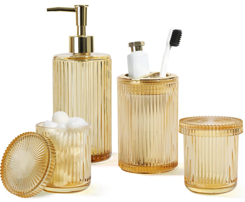 KASUNTING Gold Bathroom Accessories 4 Pcs, Gold Glass Soap Dispenser and Toothbrush Holder Set, Qtip Holder Set, Glass Bathroom Soap Dispenser Set, Yellow Orange Bathroom Decor - Image 1