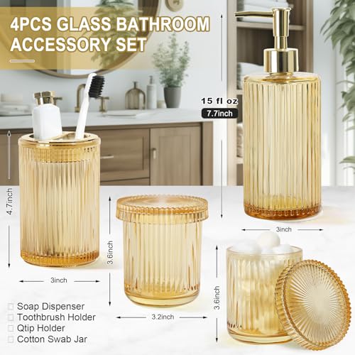 KASUNTING Gold Bathroom Accessories 4 Pcs, Gold Glass Soap Dispenser and Toothbrush Holder Set, Qtip Holder Set, Glass Bathroom Soap Dispenser Set, Yellow Orange Bathroom Decor - Image 2