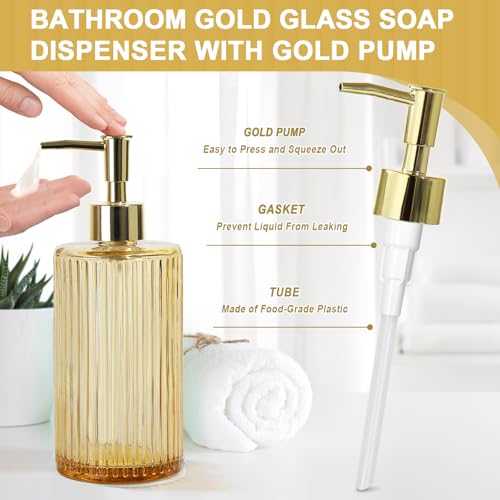 KASUNTING Gold Bathroom Accessories 4 Pcs, Gold Glass Soap Dispenser and Toothbrush Holder Set, Qtip Holder Set, Glass Bathroom Soap Dispenser Set, Yellow Orange Bathroom Decor - Image 3