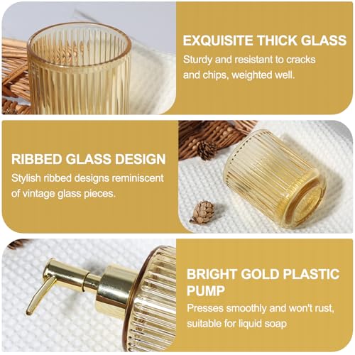 KASUNTING Gold Bathroom Accessories 4 Pcs, Gold Glass Soap Dispenser and Toothbrush Holder Set, Qtip Holder Set, Glass Bathroom Soap Dispenser Set, Yellow Orange Bathroom Decor - Image 4