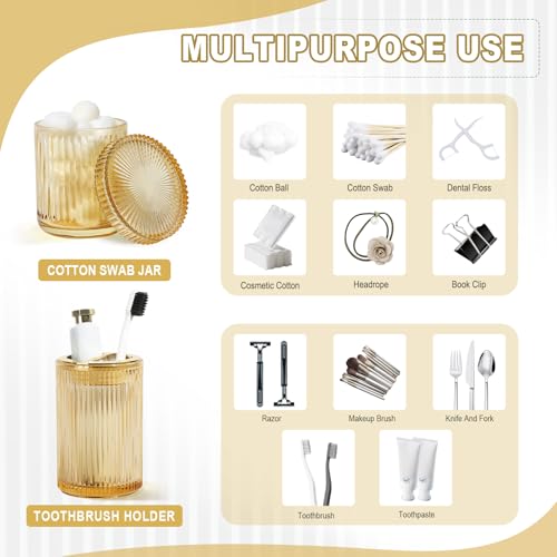 KASUNTING Gold Bathroom Accessories 4 Pcs, Gold Glass Soap Dispenser and Toothbrush Holder Set, Qtip Holder Set, Glass Bathroom Soap Dispenser Set, Yellow Orange Bathroom Decor - Image 5