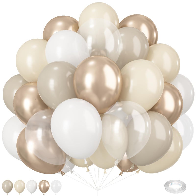 Paeyeq Beige White Gold Balloons, 60PCS Nude Metallic Champagne Gold Cream White Clear Balloon Ivory White Sand Transparent Neutral Balloons for Birthday Boho Wedding Anniversary Engagement Party Decoration - Image 1