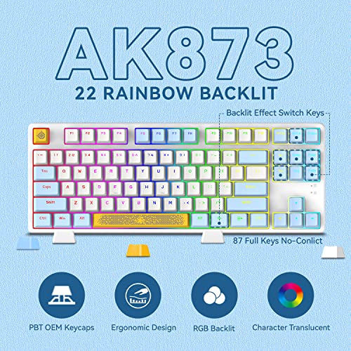 MAGIC-REFINER AK873 Gaming Keyboard,Rainbow Led Backlit,Hot-Swappable Blue Switch,PBT Keycap,75% TKL Layout,Ergonomic Mechanical Keyboard with Custom Coiled USB/Type-C Aviation Cable(Blue White) - Image 5