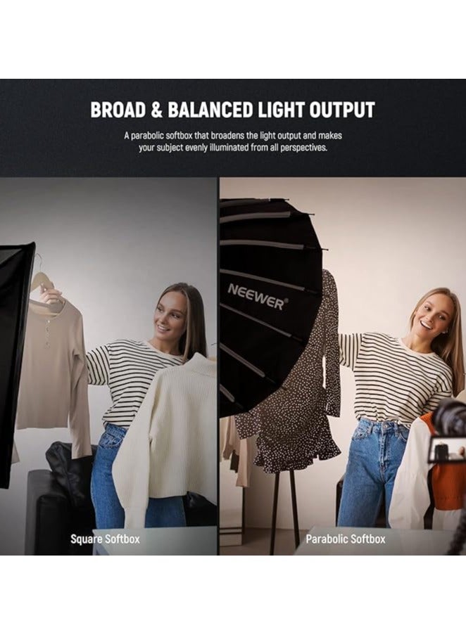 NEEWER 26inch/65cm Parabolic Softbox Quick Set up Quick Folding, with Diffusers/Honeycomb Grid/Bag, Compatible with Aputure 120d Light Dome Godox sl60w NEEWER RGB CB60 and other Bowens Mount Lights - Image 5