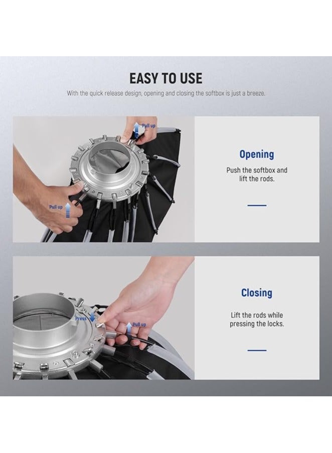 NEEWER 26inch/65cm Parabolic Softbox Quick Set up Quick Folding, with Diffusers/Honeycomb Grid/Bag, Compatible with Aputure 120d Light Dome Godox sl60w NEEWER RGB CB60 and other Bowens Mount Lights - Image 3