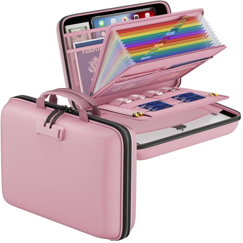 DocSafe Fireproof File Organizer with Lock, Hard-Shell Case Fireproof Document Box with 13 Pocket Accordion File Folder, Portable Home Office Travel Safe Storage for Important Documents Laptop Pink - Image 1