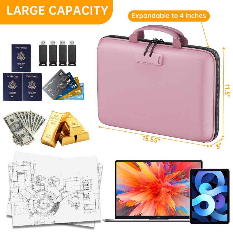 DocSafe Fireproof File Organizer with Lock, Hard-Shell Case Fireproof Document Box with 13 Pocket Accordion File Folder, Portable Home Office Travel Safe Storage for Important Documents Laptop Pink - Image 4
