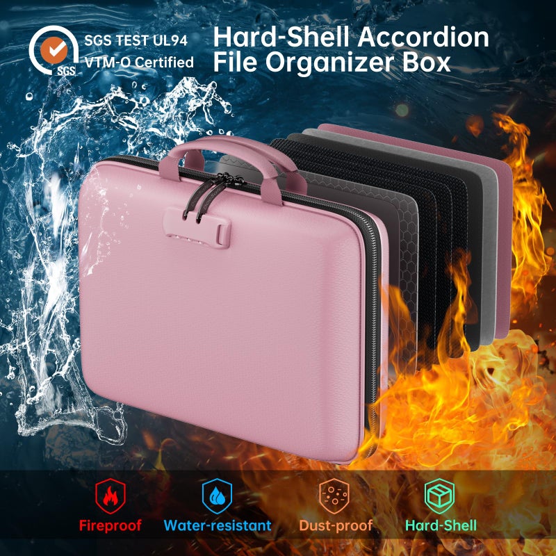 DocSafe Fireproof File Organizer with Lock, Hard-Shell Case Fireproof Document Box with 13 Pocket Accordion File Folder, Portable Home Office Travel Safe Storage for Important Documents Laptop Pink - Image 2