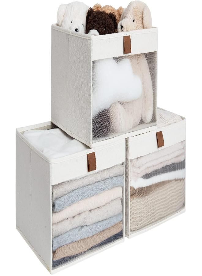 StorageWorks StorageWorks Closet Storage Bins with Clear Window and 2 Handles, Foldable Clothing Bins for Shelves, Large Fabric Organizer, Beige, 3 Pack  - Image 3