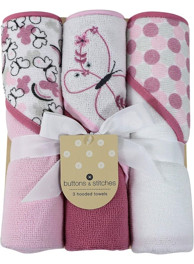 Cudlie Buttons & Stitches Baby Girl 3 Pack Rolled/Carded Hooded Towels In Butterfly Polka Print - Image 1