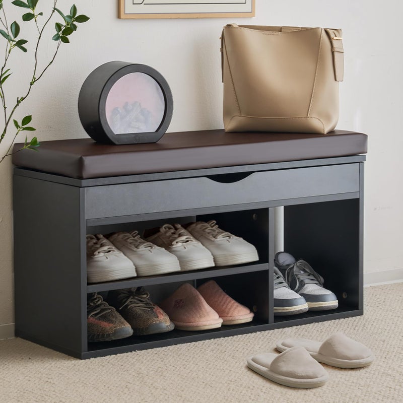 Apicizon Apicizon Entryway Bench with Shoe Storage Black 2Tier Shoe Rack Padded Cushion Wooden Frame