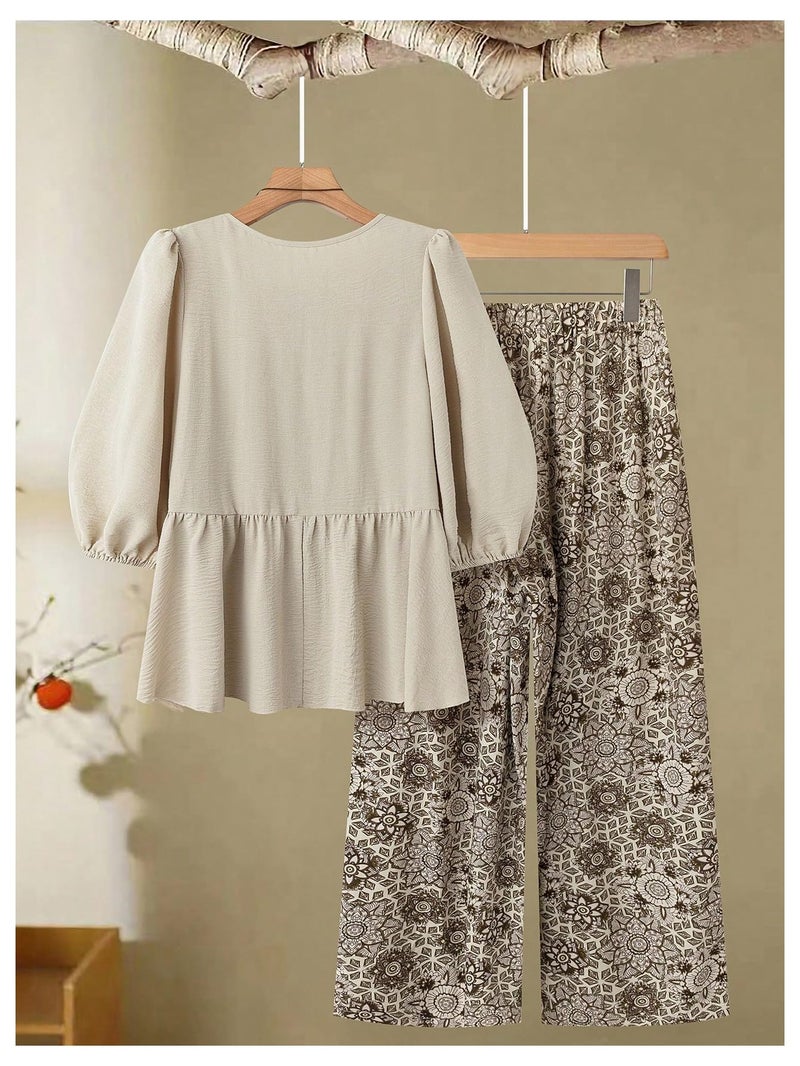 SHENHE Women's Plus Size 2 Piece Outfits Lantern Sleeve Peplum Blouse Babydoll Top Wide Leg Pants Set Khaki XX-Large Plus - Image 2